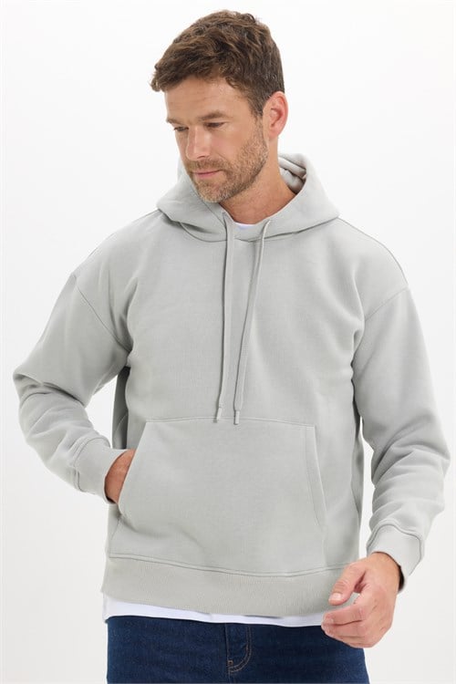Unisex Oversize Geniş Kesim Pamuklu Yumuşak Dokulu İçi Polarlı Basic Taş Renk Kapüşonlu Sweatshirt