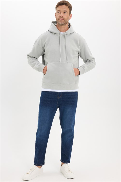 Unisex Oversize Geniş Kesim Pamuklu Yumuşak Dokulu İçi Polarlı Basic Taş Renk Kapüşonlu Sweatshirt