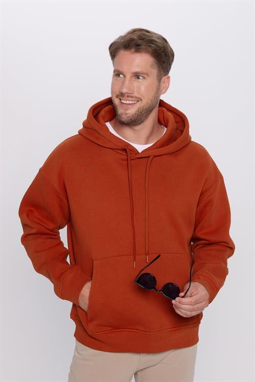 Unisex Oversize Geniş Kesim Pamuklu Yumuşak Dokulu İçi Polarlı Basic Kiremit Renk Kapüşonlu Sweatshirt
