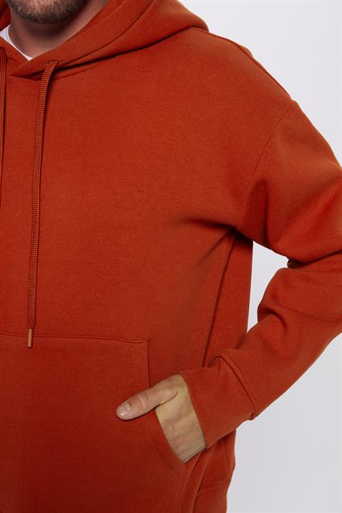 Unisex Oversize Geniş Kesim Pamuklu Yumuşak Dokulu İçi Polarlı Basic Kiremit Renk Kapüşonlu Sweatshirt