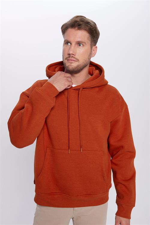 Unisex Oversize Geniş Kesim Pamuklu Yumuşak Dokulu İçi Polarlı Basic Kiremit Renk Kapüşonlu Sweatshirt