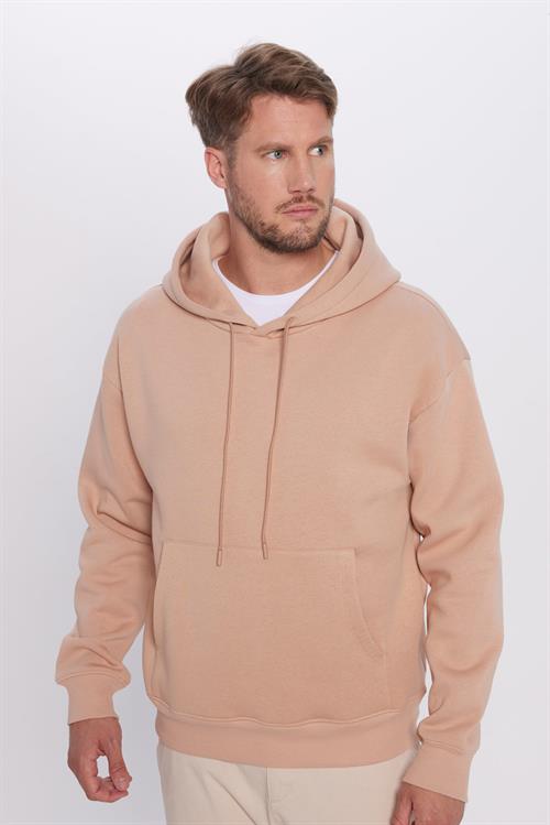 Unisex Oversize Geniş Kesim Pamuklu Yumuşak Dokulu İçi Polarlı Basic Vizon Renk Kapüşonlu Sweatshirt