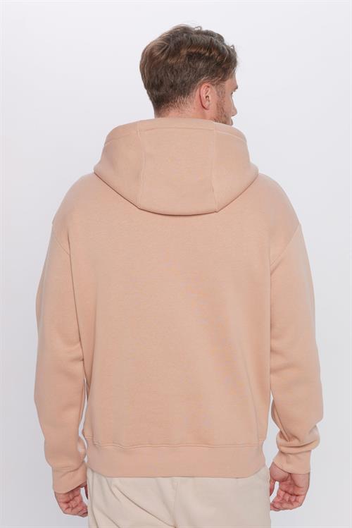 Unisex Oversize Geniş Kesim Pamuklu Yumuşak Dokulu İçi Polarlı Basic Vizon Renk Kapüşonlu Sweatshirt