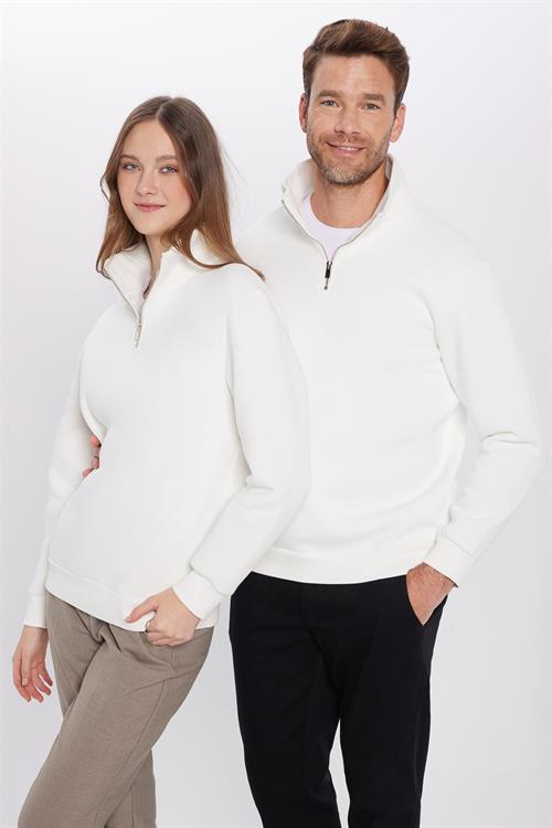 Unisex Relax Fit Rahat Kesim Pamuklu İçi Polarlı Yarım Fermuarlı Beyaz Dik Yaka Sweatshirt