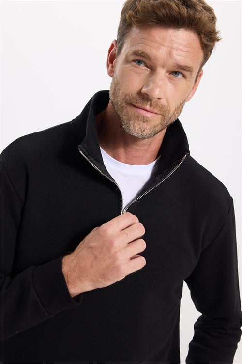 Unisex Relax Fit Rahat Kesim Pamuklu İçi Polarlı Yarım Fermuarlı Siyah Dik Yaka Sweatshirt