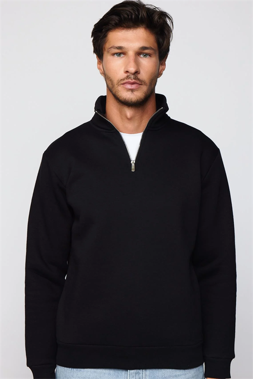 Unisex Relax Fit Rahat Kesim Pamuklu İçi Polarlı Yarım Fermuarlı Siyah Dik Yaka Sweatshirt