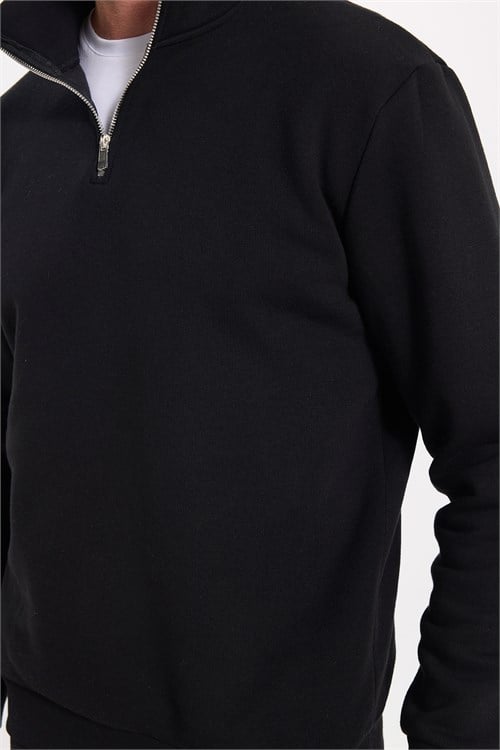 Unisex Relax Fit Rahat Kesim Pamuklu İçi Polarlı Yarım Fermuarlı Siyah Dik Yaka Sweatshirt
