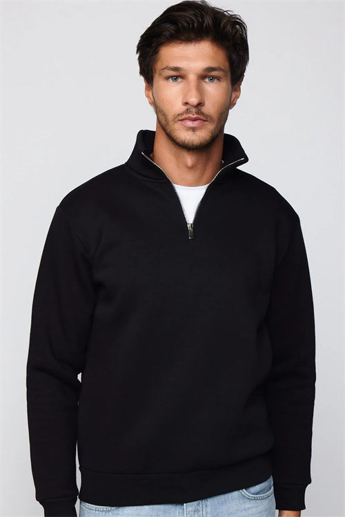 Unisex Relax Fit Rahat Kesim Pamuklu İçi Polarlı Yarım Fermuarlı Siyah Dik Yaka Sweatshirt