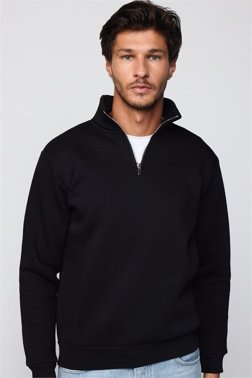 Unisex Relax Fit Rahat Kesim Pamuklu İçi Polarlı Yarım Fermuarlı Siyah Dik Yaka Sweatshirt