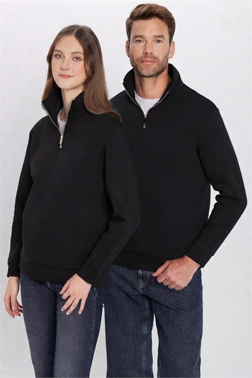 Unisex Relax Fit Rahat Kesim Pamuklu İçi Polarlı Yarım Fermuarlı Siyah Dik Yaka Sweatshirt