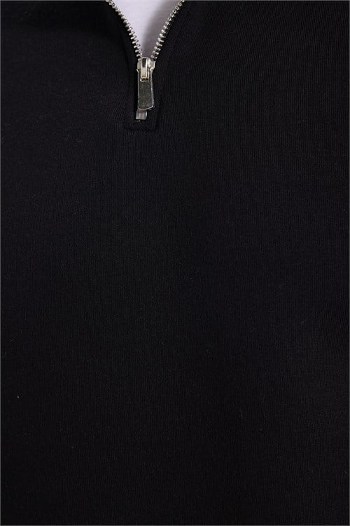 Unisex Relax Fit Rahat Kesim Pamuklu İçi Polarlı Yarım Fermuarlı Siyah Dik Yaka Sweatshirt