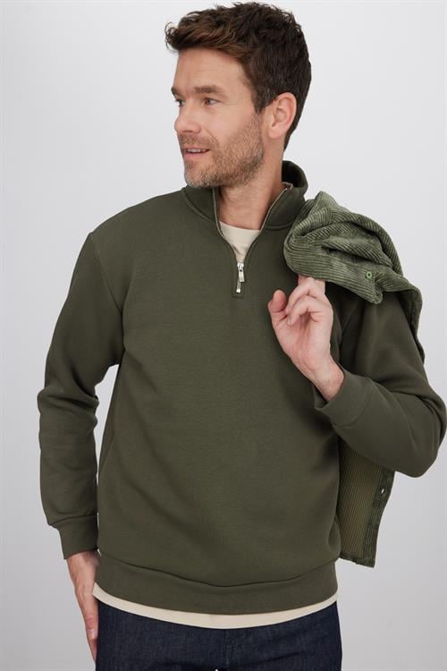 Unisex Relax Fit Rahat Kesim Pamuklu İçi Polarlı Yarım Fermuarlı Haki Dik Yaka Sweatshirt