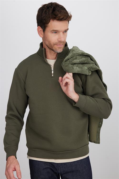 Unisex Relax Fit Rahat Kesim Pamuklu İçi Polarlı Yarım Fermuarlı Haki Dik Yaka Sweatshirt
