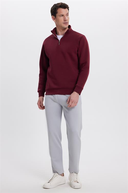 Unisex Relax Fit Rahat Kesim Pamuklu İçi Polarlı Yarım Fermuarlı Bordo Dik Yaka Sweatshirt