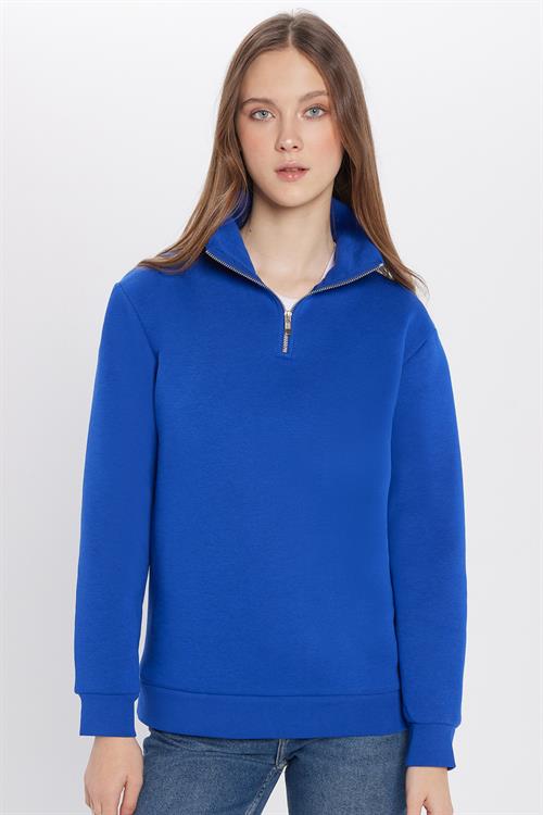 Unisex Relax Fit Rahat Kesim Pamuklu İçi Polarlı Yarım Fermuarlı Sax Mavi Dik Yaka Sweatshirt