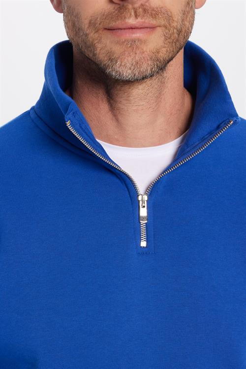 Unisex Relax Fit Rahat Kesim Pamuklu İçi Polarlı Yarım Fermuarlı Sax Mavi Dik Yaka Sweatshirt
