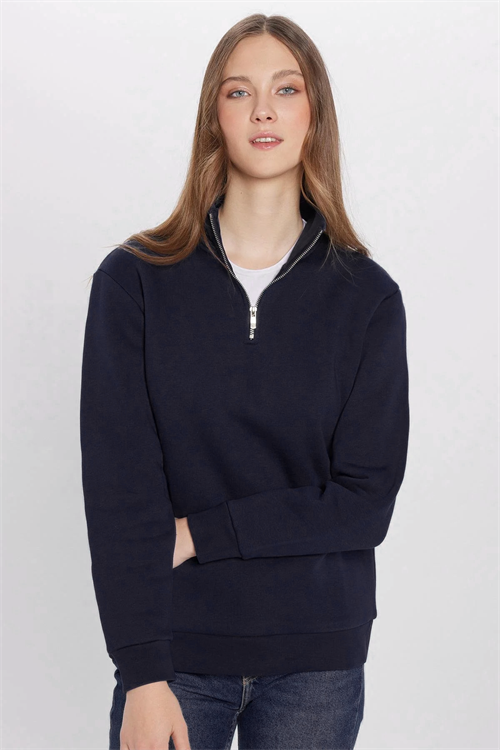 Unisex Relax Fit Rahat Kesim Pamuklu İçi Polarlı Yarım Fermuarlı Lacivert Dik Yaka Sweatshirt
