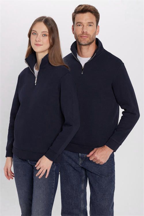 Unisex Relax Fit Rahat Kesim Pamuklu İçi Polarlı Yarım Fermuarlı Lacivert Dik Yaka Sweatshirt