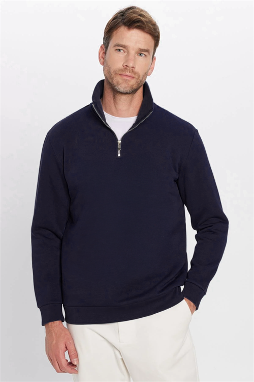 Unisex Relax Fit Rahat Kesim Pamuklu İçi Polarlı Yarım Fermuarlı Lacivert Dik Yaka Sweatshirt