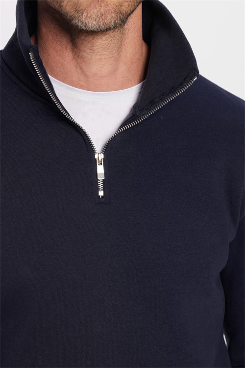 Unisex Relax Fit Rahat Kesim Pamuklu İçi Polarlı Yarım Fermuarlı Lacivert Dik Yaka Sweatshirt