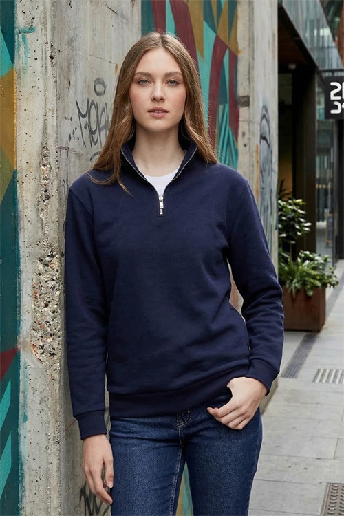 Unisex Relax Fit Rahat Kesim Pamuklu İçi Polarlı Yarım Fermuarlı Lacivert Dik Yaka Sweatshirt