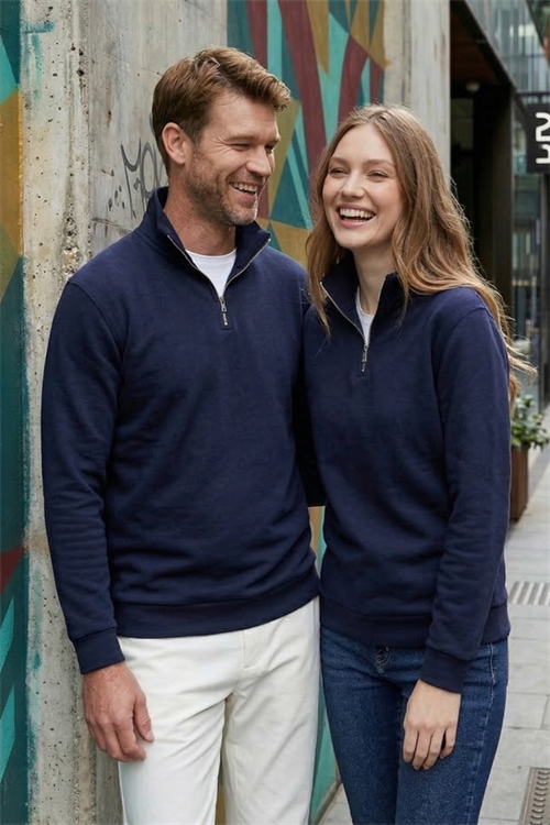 Unisex Relax Fit Rahat Kesim Pamuklu İçi Polarlı Yarım Fermuarlı Lacivert Dik Yaka Sweatshirt