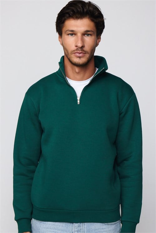 Unisex Relax Fit Rahat Kesim Pamuklu İçi Polarlı Yarım Fermuarlı Haki Dik Yaka Sweatshirt