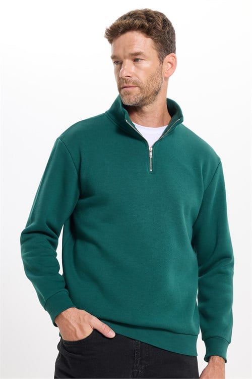 Unisex Relax Fit Rahat Kesim Pamuklu İçi Polarlı Yarım Fermuarlı Haki Dik Yaka Sweatshirt
