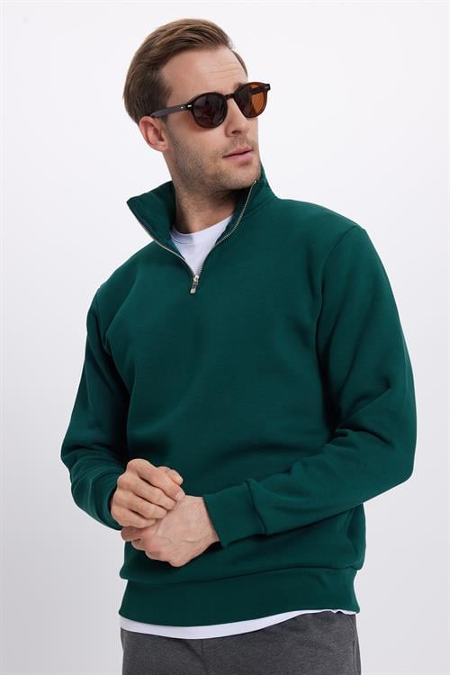 Unisex Relax Fit Rahat Kesim Pamuklu İçi Polarlı Yarım Fermuarlı Haki Dik Yaka Sweatshirt