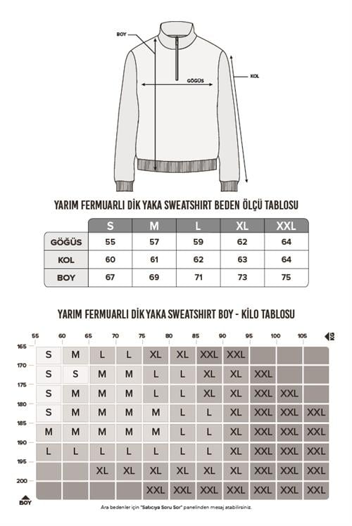 Unisex Relax Fit Rahat Kesim Pamuklu İçi Polarlı Yarım Fermuarlı Haki Dik Yaka Sweatshirt