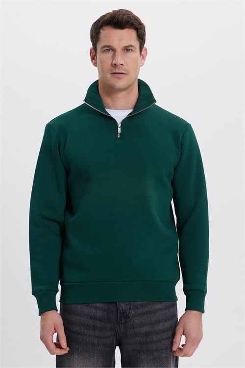 Unisex Relax Fit Rahat Kesim Pamuklu İçi Polarlı Yarım Fermuarlı Haki Dik Yaka Sweatshirt