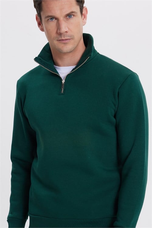 Unisex Relax Fit Rahat Kesim Pamuklu İçi Polarlı Yarım Fermuarlı Haki Dik Yaka Sweatshirt