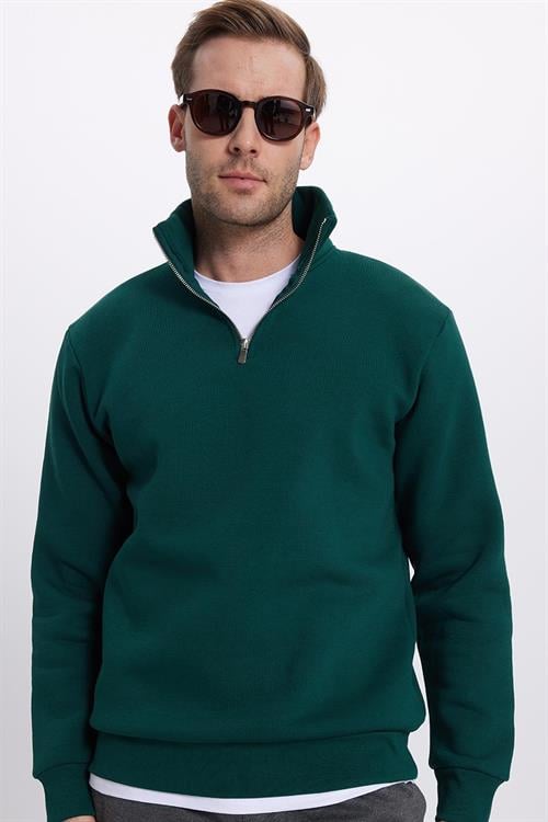 Unisex Relax Fit Rahat Kesim Pamuklu İçi Polarlı Yarım Fermuarlı Haki Dik Yaka Sweatshirt