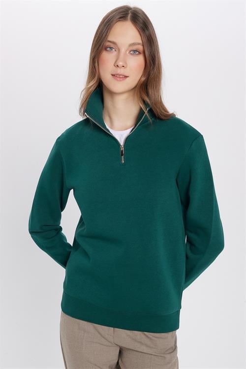 Unisex Relax Fit Rahat Kesim Pamuklu İçi Polarlı Yarım Fermuarlı Haki Dik Yaka Sweatshirt