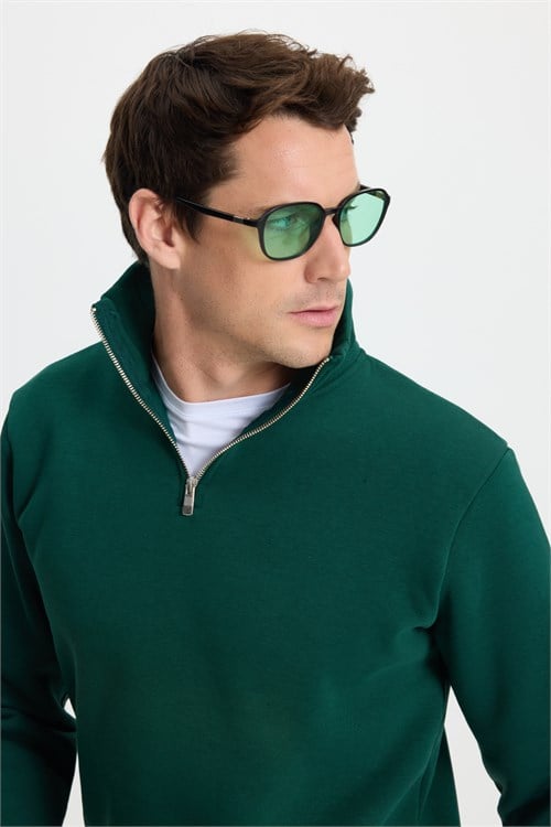 Unisex Relax Fit Rahat Kesim Pamuklu İçi Polarlı Yarım Fermuarlı Haki Dik Yaka Sweatshirt