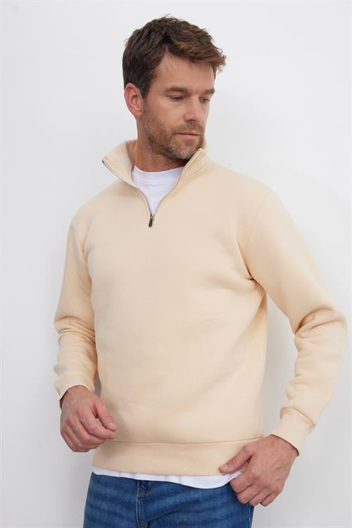 Unisex Relax Fit Rahat Kesim Pamuklu İçi Polarlı Yarım Fermuarlı Ekru Dik Yaka Sweatshirt