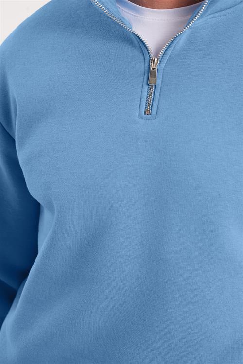 Unisex Relax Fit Rahat Kesim Pamuklu İçi Polarlı Yarım Fermuarlı Mavi Dik Yaka Sweatshirt