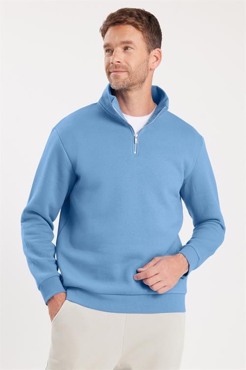 Unisex Relax Fit Rahat Kesim Pamuklu İçi Polarlı Yarım Fermuarlı Mavi Dik Yaka Sweatshirt