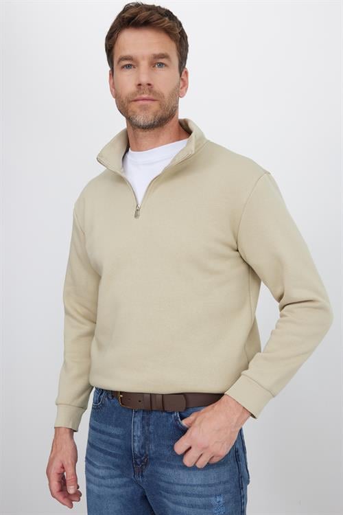 Unisex Relax Fit Rahat Kesim Pamuklu İçi Polarlı Yarım Fermuarlı Bej Dik Yaka Sweatshirt