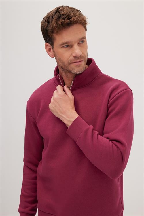 Unisex Relax Fit Rahat Kesim Pamuklu İçi Polarlı Yarım Fermuarlı Fuşya Dik Yaka Sweatshirt