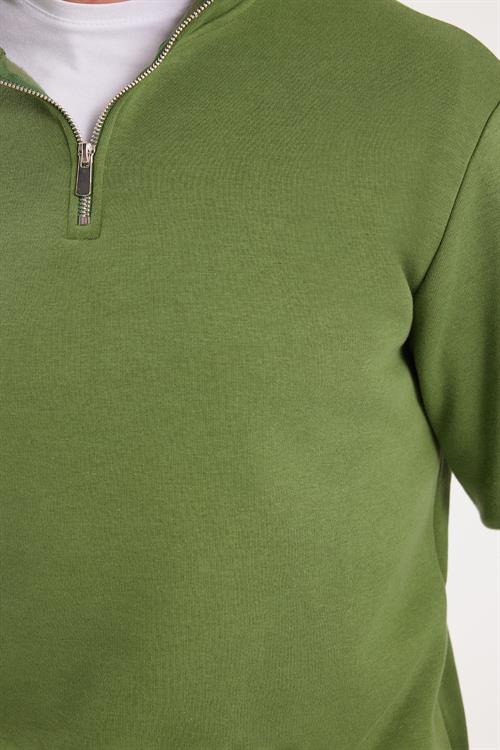 Unisex Relax Fit Rahat Kesim Pamuklu İçi Polarlı Yarım Fermuarlı Yeşil Dik Yaka Sweatshirt