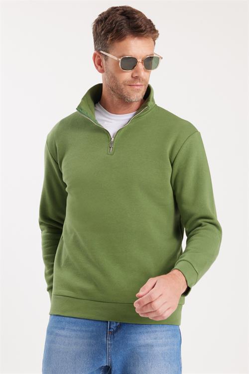 Unisex Relax Fit Rahat Kesim Pamuklu İçi Polarlı Yarım Fermuarlı Yeşil Dik Yaka Sweatshirt