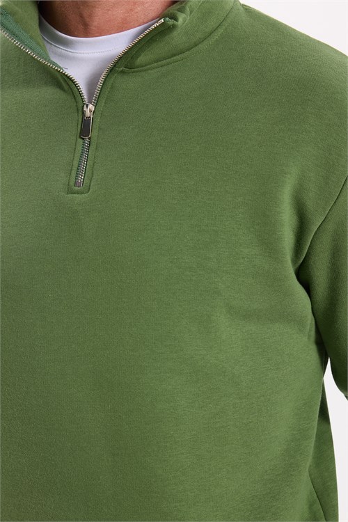 Unisex Relax Fit Rahat Kesim Pamuklu İçi Polarlı Yarım Fermuarlı Yeşil Dik Yaka Sweatshirt