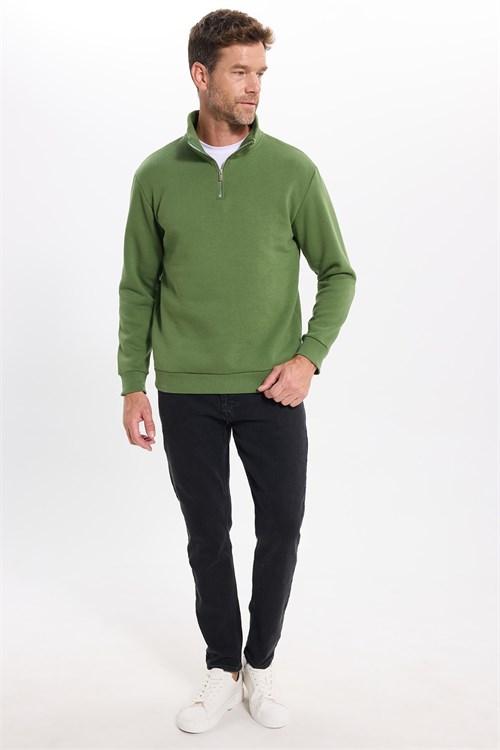 Unisex Relax Fit Rahat Kesim Pamuklu İçi Polarlı Yarım Fermuarlı Yeşil Dik Yaka Sweatshirt