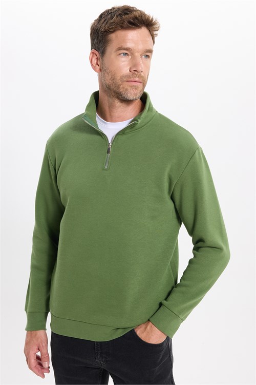 Unisex Relax Fit Rahat Kesim Pamuklu İçi Polarlı Yarım Fermuarlı Yeşil Dik Yaka Sweatshirt