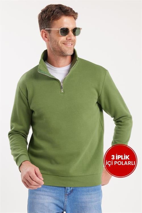 Unisex Relax Fit Rahat Kesim Pamuklu İçi Polarlı Yarım Fermuarlı Yeşil Dik Yaka Sweatshirt
