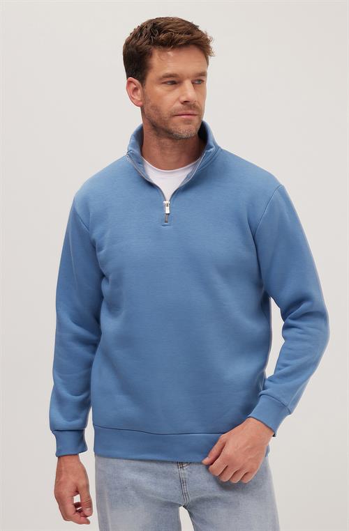 Unisex Relax Fit Rahat Kesim Pamuklu İçi Polarlı Yarım Fermuarlı Petrol Mavi Dik Yaka Sweatshirt