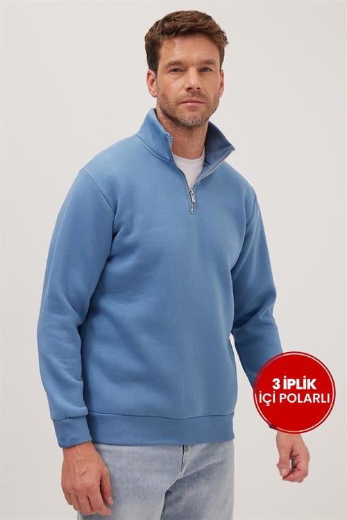 Unisex Relax Fit Rahat Kesim Pamuklu İçi Polarlı Yarım Fermuarlı Petrol Mavi Dik Yaka Sweatshirt