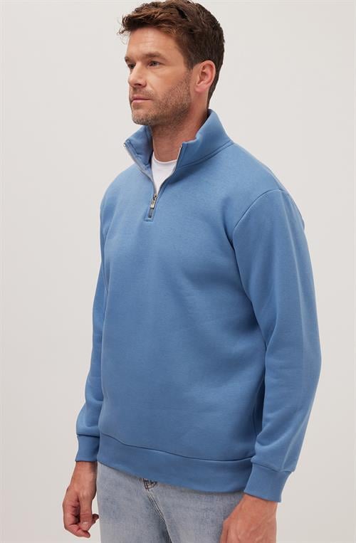 Unisex Relax Fit Rahat Kesim Pamuklu İçi Polarlı Yarım Fermuarlı Petrol Mavi Dik Yaka Sweatshirt