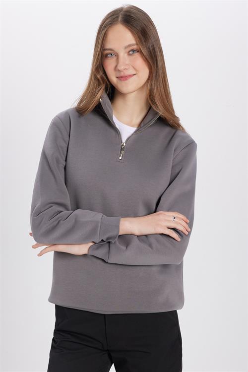 Unisex Relax Fit Rahat Kesim Pamuklu İçi Polarlı Yarım Fermuarlı Gri Dik Yaka Sweatshirt
